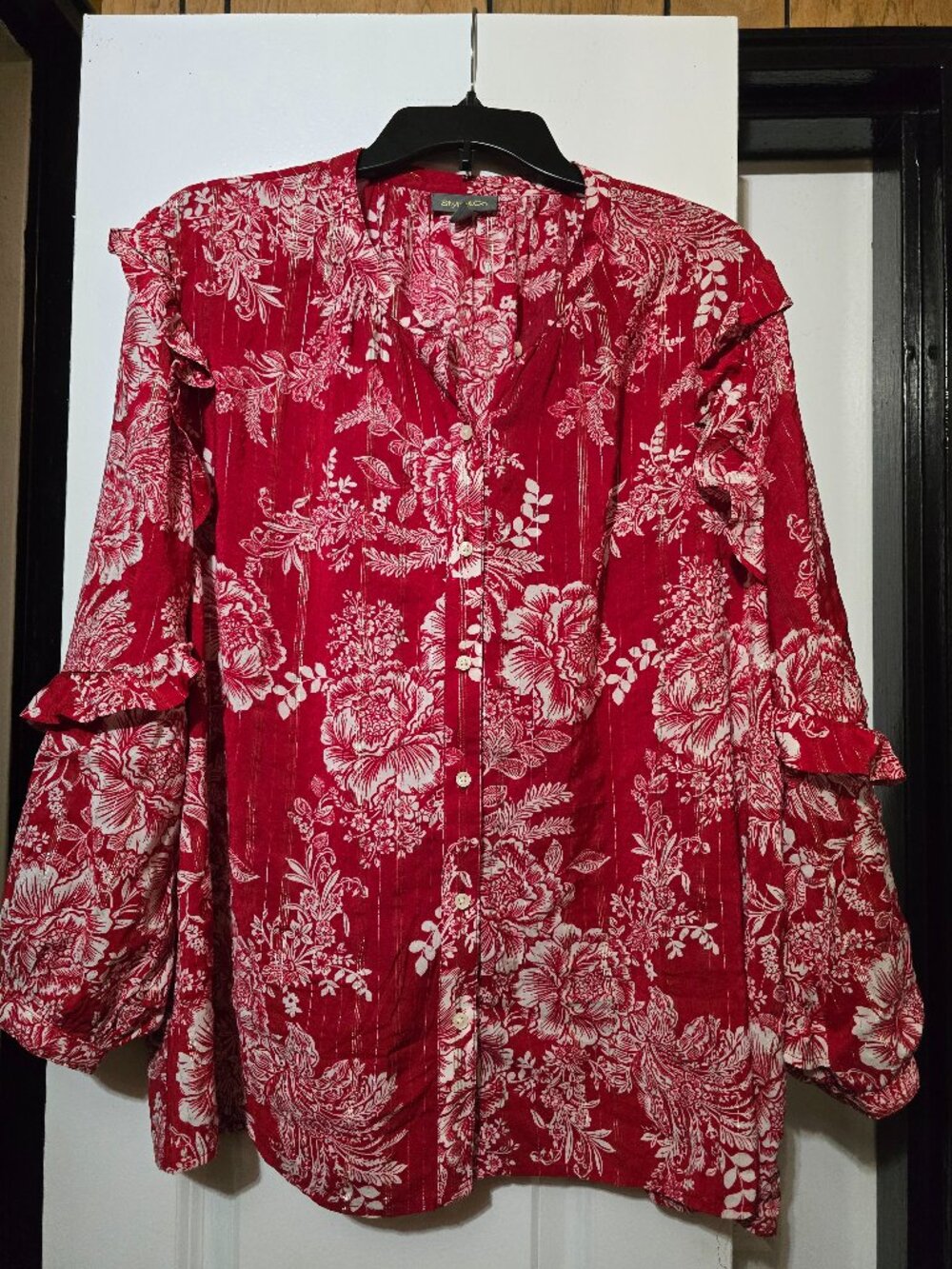 Style & Co. Women's Red Button-Front Blouse W White Floral Prints - Size XL